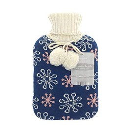 Navy Snowflakes Design Jacquard Knit Cover Pom Pom 2 Litre Hot Water Bottle