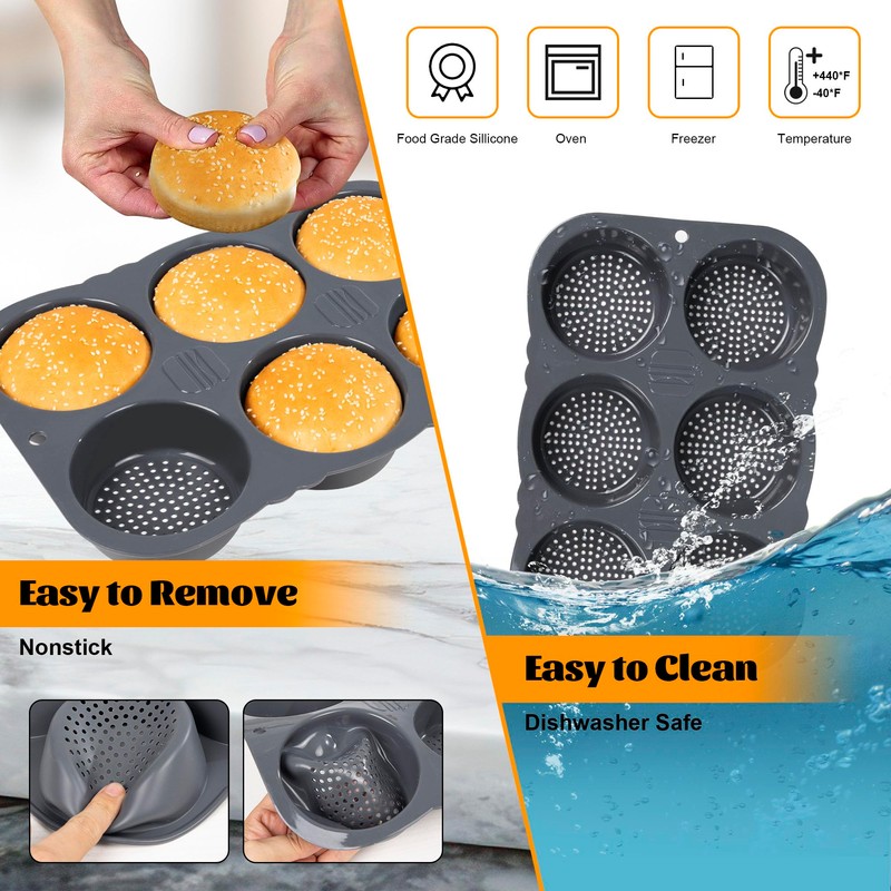 AKS Co Hamburger Bun Pan, Non-Stick Silicone - Oven-Safe, Vented
