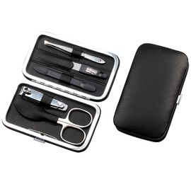 Sonnenschein by Hans Kniebes Manicure Set, 5 Pieces, Nail Scissors, Nail Clippers, Nail File, Tweezers, Double Instrument, Nappa Lambskin Manicure Case, Black