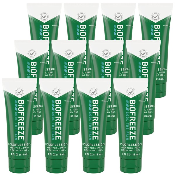 Biofreeze Menthol Pain Relieving Gel Colorless Gel 4 FL OZ Tube For Pain Relief Associated With Sore Muscles, Arthritis, Simple Backaches, And Joint Pain, Pack Of 12 (Packaging May Vary)