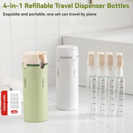 4 in 1 Travel Dispenser Bottle, Leak-Proof & Refillable Toiletry Containers with Scale Labels for Shampoo, Portable Shampoo Lotion Conditioner Cream Bottles for Gyms, Camping (White)