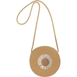 Women Straw Bags, Summer Beach Casual Crossbody Bag, Straw Purse Vacation Handbags Shoulder Bag, Diameter 16cm Thickness About 7cm, Brown