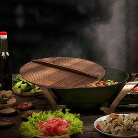 Cabilock Cast Iron Wok Cover 15inch Wooden Pan Lid, Wok Lid with Handle, Pot Cover Pan Cover Lightweight Handcrafted Wooden Wok Accessories for Cooking