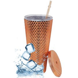 Plastic Cup with Rivets - Double Walled Plastic Cold Cup with Lid and Reusable Straw for Iced Coffee, Water, Slush or Smoothies, 700 ml, Metallic Coper