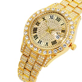 LGXIGE Mens Ice Out Watches Big Rocks with Roman Numerals Fully Colorful Dial Gold Watch (Gold)