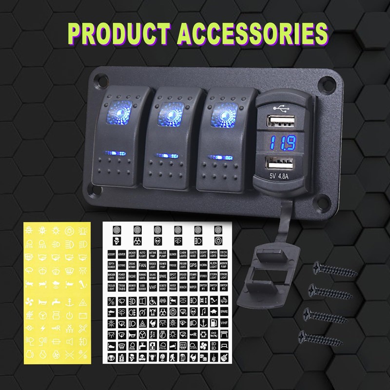 Geloo 3 Gang Switch Panel Waterproof, 12 V/24 V Marine