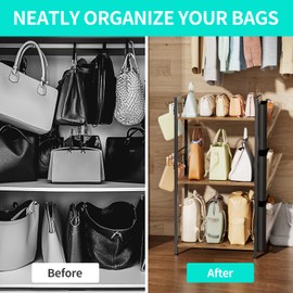 HapiRm Purse Organizer Storage Rack - Floor-Standing 3 Tier Purse Holder with Side Hooks and Transparent Pockets for Handbag Storage, High-Capacity Bag Organizer for Closet, Home, Living Room, Bedroom