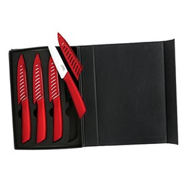 Melange 8-Piece Ceramic Steak Knife Set with Metallic Red Handle and White Blade