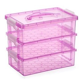BTSKY 3 Layers Cute Dolphin Clear Plastic Pencil Box- Multipurpose Pencil Case Craft Storage Containers with Lid & Handle, Easy Carry&Stack Crayon Boxes Office Supplies Storage Organizer, Clear Purple