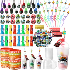 Yaomiao 163 Pcs Camping Party Favors with Mini Compass for Kids Flashlights Keychain Cups with Dome Lids Silicone Bracelets Stickers Badges Plastic Straws Tag for Camping Adventure Birthday Party Gift