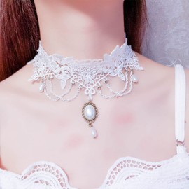 Sttiafay White Lace Choker Necklace For Bride Wedding Simple Gemstone Pendant Clavicle Chain Necklace Classic Lace Tattoo Choker Collar For Women, Alloy and lace, Pearl