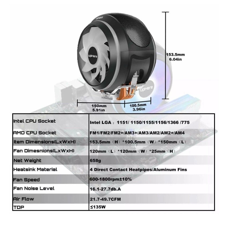 upHere CCF150ARGB High Performance CPU Air Cooler w FREE RGB