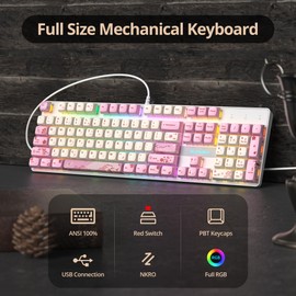 SbocKeeb Wired Full Size Pink Mechanical Keyboard 104 Keys Creamy Keyboard with Number Pad, RGB Gaming Keyboard, Linear Red Switch, NKRO Mechanical Keyboard Full Size for Windows Laptop PC Gamer