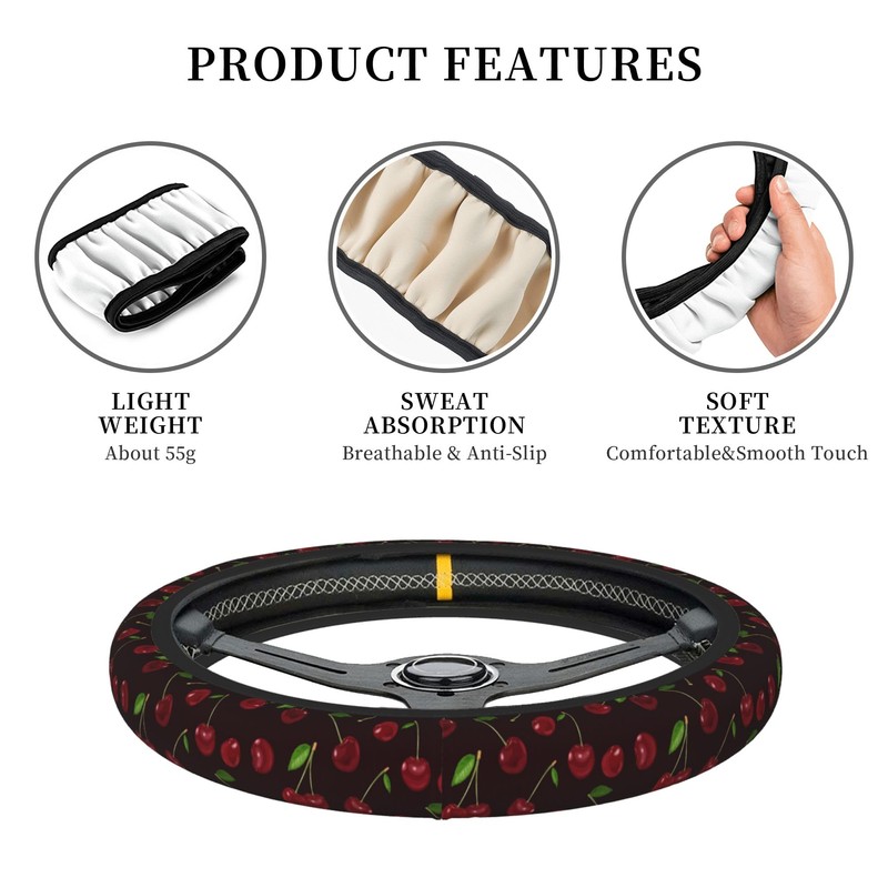 Red Cherry Steering Wheel Cover for Women, Universal 15 inch