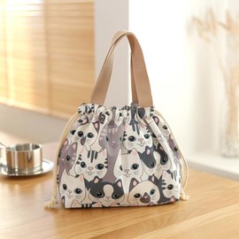 Ledes Lunch Bag, Cold Retention Drawstring Bag, Cat Pattern, Cute, Stylish, Lunch Bag, for Kids, Adults, Lunch Box, Includes Handle, Lightweight, Compact, Handbag, Small Storage, Commuting to Work or