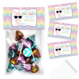 Amanda Creation Funny Hand Over The Chocolate Cute Bunny Happy Easter Bag Toppers for Party Favor Treat Bags, Set of 20 Bag Toppers With 20 Self-Adhesive Bags Also Included