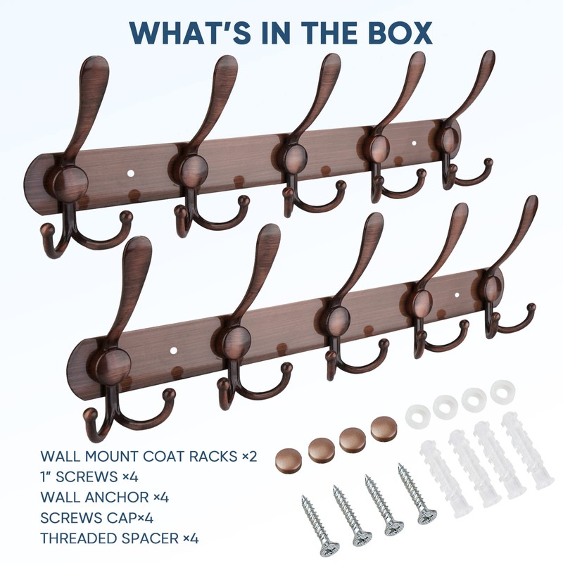 TICONN Wall Mounted Coat Rack, Five Heavy Duty Tri Hooks