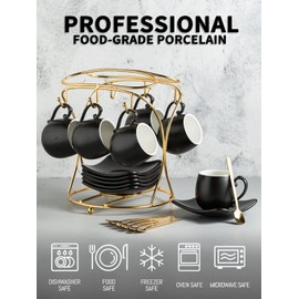 LYEOBOH Espresso Cups with Saucers Set, 3 Ounces Porcelain Coffee Cups with Metal Stand and Spoons, Cappuccino Cups Cute Demitasse Cups for Coffee Drinks, Latte, Tea Set of 6, Black