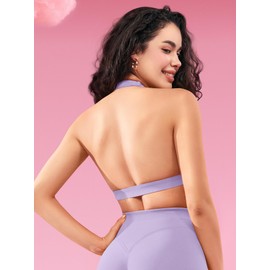 ZAAYO Women's Sports Bra Backless Halter Fitness Bra Sports Bra Padded Push Up Bra Medium Support Fitness Yoga Tops, light purple, M