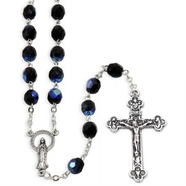 Black Aurora Borealis Crystal Rosary for Men and Women, Immaculate Conception of Mary