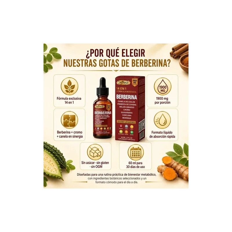 Gwynne Suplemento Dietético Gotas Líquidas Berberina Fórmula 1900 Pimienta Cayenne