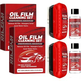 2 Pack Automotive Oil Film Cleaning Brush,Glass Oil Film Remover for Car Windshield,Clear View Glass Cleaner with Rain and Fog Resistant Coating (Red,Includes 1 Refill Bottle)