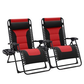 JEAREY Oversized Padded Zero Gravity Chairs Set of 2, Folding Lounge Chair Outdoor Patio Recliner, Anti Gravity Chair for Backyard with Headrest, Cup Holder, Side Tray, Polyester Mesh - Black/Red