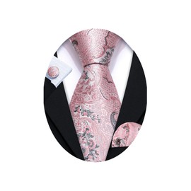 Barry.Wang Men Ties Paisley Woven Silk Necktie Set with Pocket Suqare Cufflinks Formal (Pink Floral)