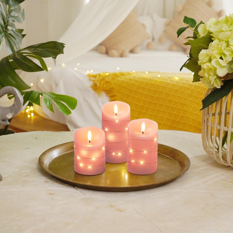 Homemory Flameless Candles with String Lights, 3 Pack Embedded Fairy