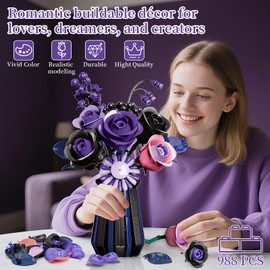 Purple Black Roses Flowers Bouquet Building Set, Botanical Collection Blocks Artificial Flowers Plant for Adults Women Girlfriend - Gifts for Valentines Birthday Christmas- Gothic Home Decor