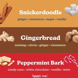 Happy Wax Holiday Treats Collection Scented Natural Soy Wax Melts – 6 Total Oz. of Scented Wax Melts, Collection Includes Peppermint Bark, Gingerbread, and Snickerdoodle