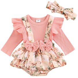 Mubineo Baby Girl Spring Fall Clothes Outfits Long Sleeve Lace Floral Romper Dress Newborn Outfit (Sc Pink, 12-18 Months)