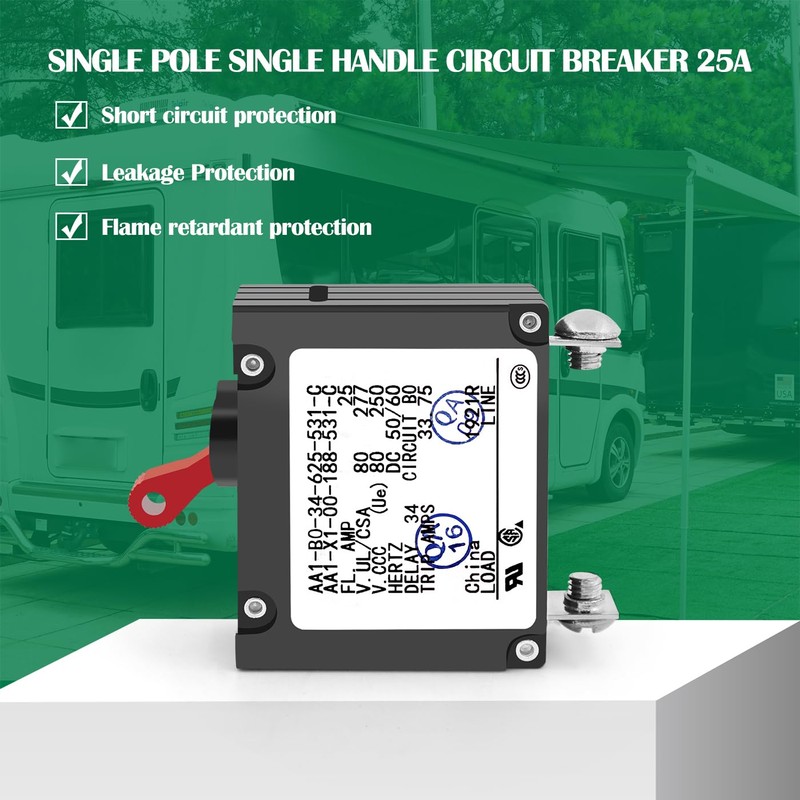 A-Series 25A Boat Circuit Breaker Magnetic with Red Toggle AC/DC