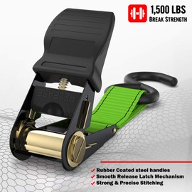 FORTEM Ratchet Straps, 1500lb Break Strength, 4 15ft Tie Down Strap Set, 4 Soft Loops, Motorcycle Straps Tie Downs, Cargo Straps for Trucks, Rubber Handles, Coated Metal Hooks, Carry Bag (Green)