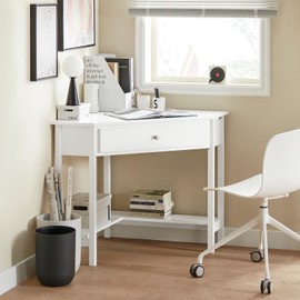 Haotian Small Corner Desk, Triangle Computer Desk with Drawer and Ladder Shelf, Home Office Writing Vanity Table, White FWT31-W