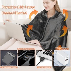 USB Heated Blanket, Portable Cordless Electric Throw Blanket with 9 Heating Elements Fast Heating, Super Soft Cozy Wearable Blanket for Indoor Outdoor Use, 3 Heating Levels Machine Washable (Darkgrey)
