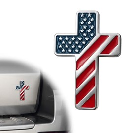 Cross Christian Car Emblem, USA Flag 3D Auto Badge Religious Cross Decal with Adhesive, Patriotic Zinc Alloy Emblem Sticker Christian Jesus Decoration