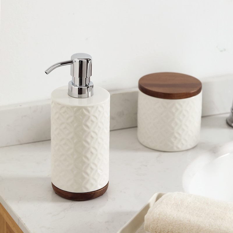 Motifeur Bathroom Accessories Set, 5-Piece Ceramic and Wood Bath Accessory