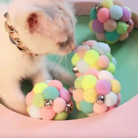 4-Pack Cat Toy Pom Pom Balls w/Bell Soft Colorful Fuzzy Plush Interactive Kitten