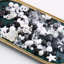 150g(170~230pcs) Aesthetic Acrylic Assorted Beads Cute Beads for Jewelry Making Kawaii Flower Heart Star Butterfly Bow Round Beads Bulk for Bracelets Making Necklaces DIY Crafts (Black and White)