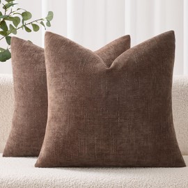 EMEMA Pack of 2 Decorative Chenille Throw Pillow Covers 18x18 Inch Soft Neutral Farmhouse Textured Cushion Cases with Zipper for Couch Sofa Bedroom Living Room Home Decor, Chocolate