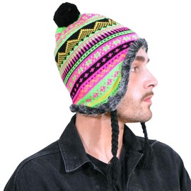 Basic Sense Peruvian Winter Hats with Tassle Snowflake Fleece-Lined Warm for Unisex Men Women, 116 - Neon Green