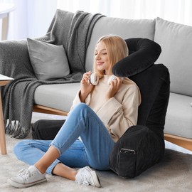 Rengue 31" Large Bed Rest Pillow with Detachable Neck Roll, Ergonomic Reading Pillow with Pockets for Sitting in Bed/Couch, Backrest Pillow with Arms for Reading, Watching TV, Gaming (Black)