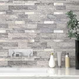 VAOVI Backsplash Tile Peel and Stick Kitchen Stone Subway Linear Mosaic Bathroom Shower Wall Waterproof(5pcs,Gray)