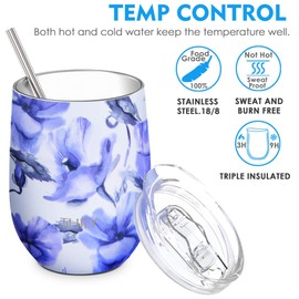 THILY Stainless Steel Insulated Wine Tumbler Stemless Wine Glass with Sliding Lid and Straw, Cute Travel Cup Keep Coffee and Cocktails Cold, Gifts for Women, Her, Iridaceae