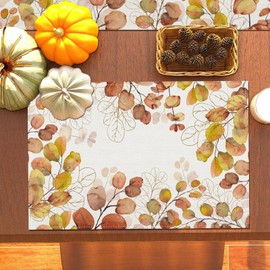 ZCHOMI Eucalyptus Leaves Fall Placemats Set of 4, 12x18 Inch Yellow Leaf Seasonal Autumn Table Place Mats for Kitchen Dining Home Party Decor