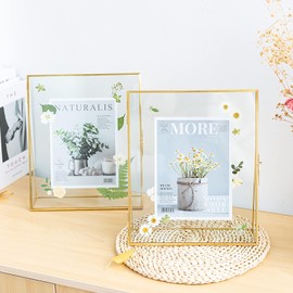 Jajamy Gold Floating Picture Frame Set of 2, 10"x12" Glass Pressed Flower Picture Frames, Tabletop Standing Glass Floating Frame for 8x10 Photo Display
