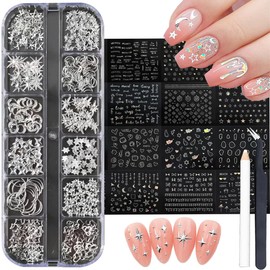 Silver Star Moon Nail Charms Nail Art Kit with 30 Sheets Silver Nail Art Stickers 3D Self-Adhesive SIlver Nail Decals Nail Supplies for Women Acrylic Nail DIY Manicure Kit with tweezer,Pick up Pencil