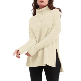 Imily Bela Women's Oversized Turtleneck Jumper, Long Sleeve Tunic Jumper, Loose Fit Winter Sweater, Ribbed Knit Jumper with Side Slit, beige