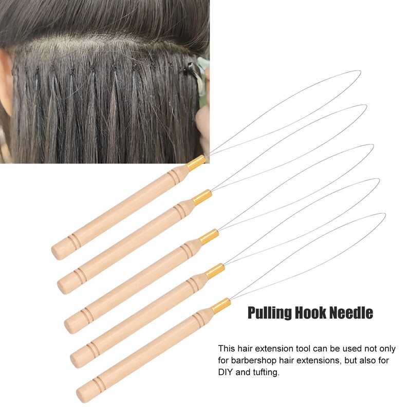 5PCS Hair Extension Loop Needle Beech Wood Handle Pulling Hook